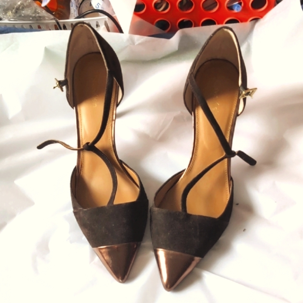 Calvin Klein Brown Velvet Heels Gold & Leather with Ankle Strap US 10